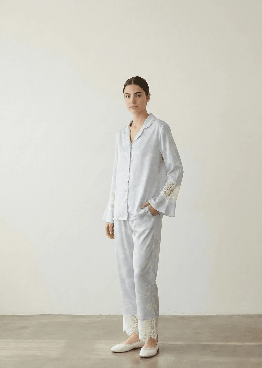 Celeste Silky Luxury Lace Pajama Set / Blue