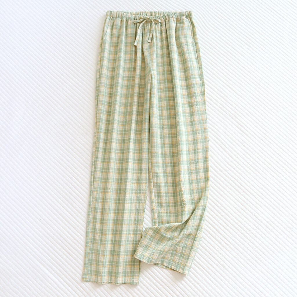 Plaid Washed Cotton Pajama Pants / Light Green