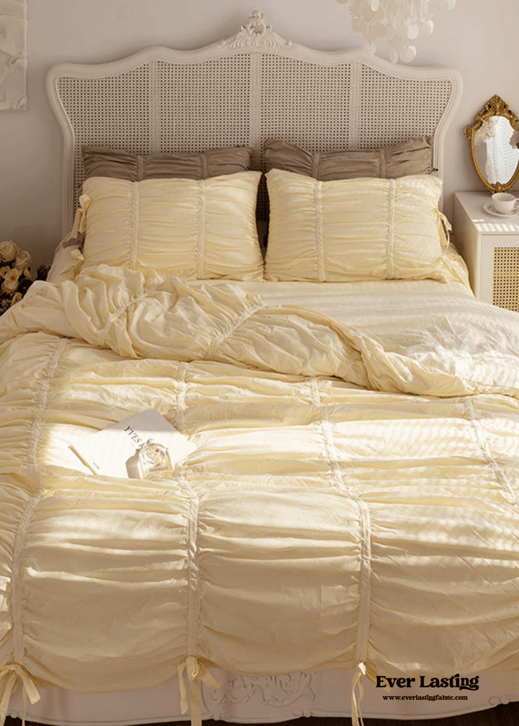 Coquette Ruffle Ribbon Ties Duvet Cover / White