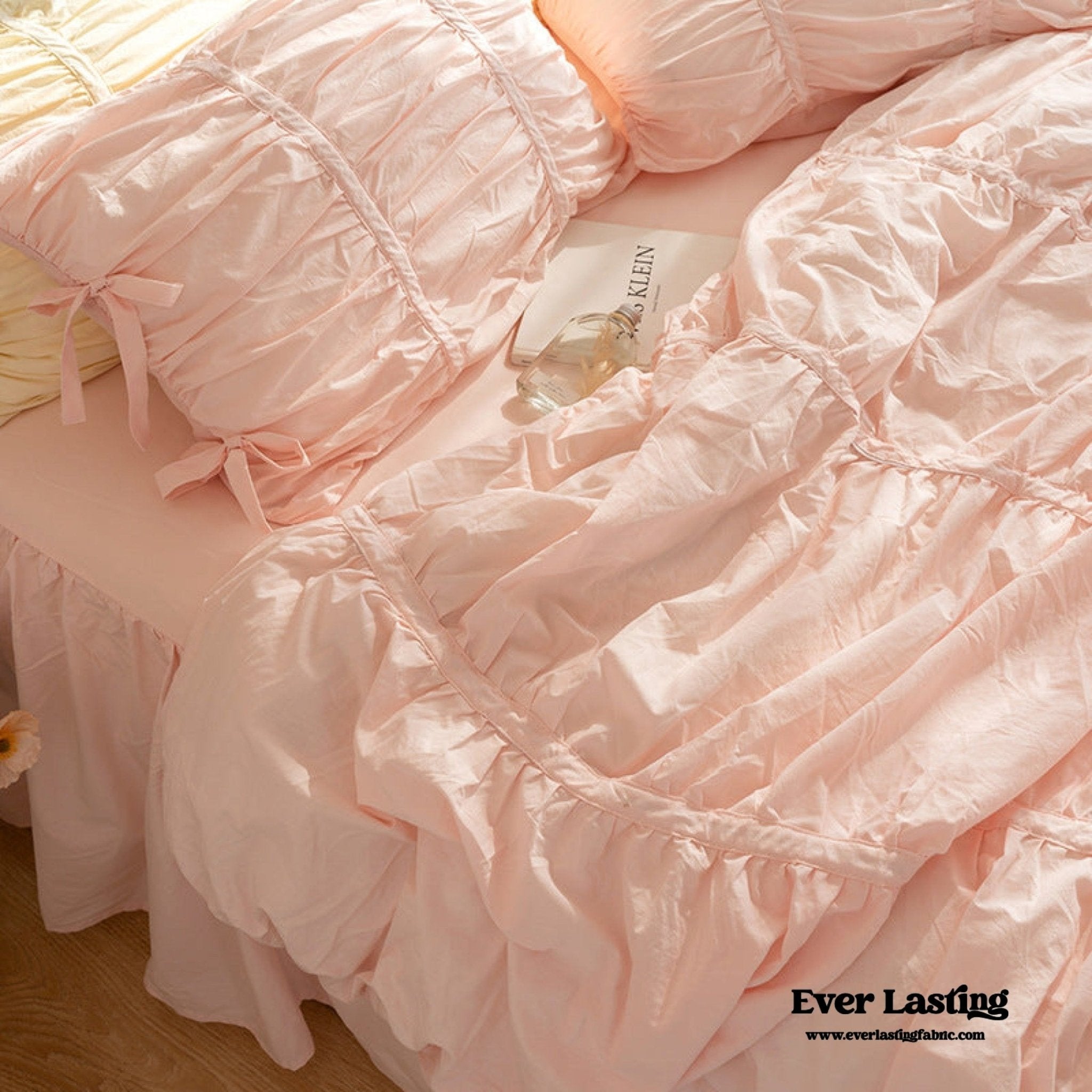 Coquette Ruffle Ribbon Ties Duvet Cover / White