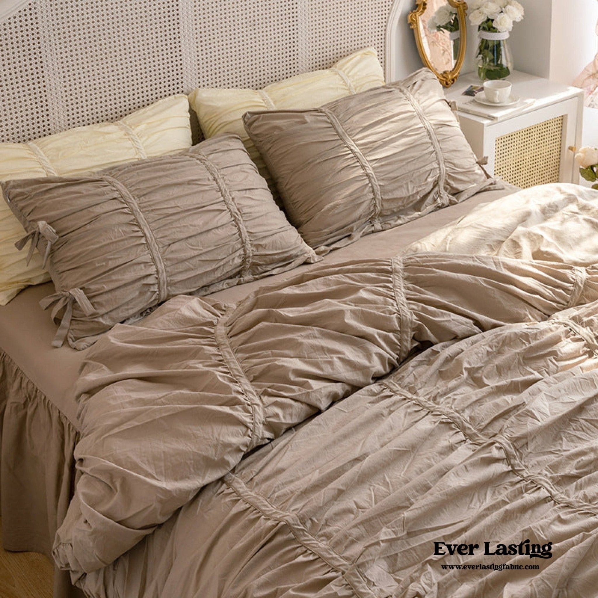 Coquette Ruffle Ribbon Ties Duvet Cover / White
