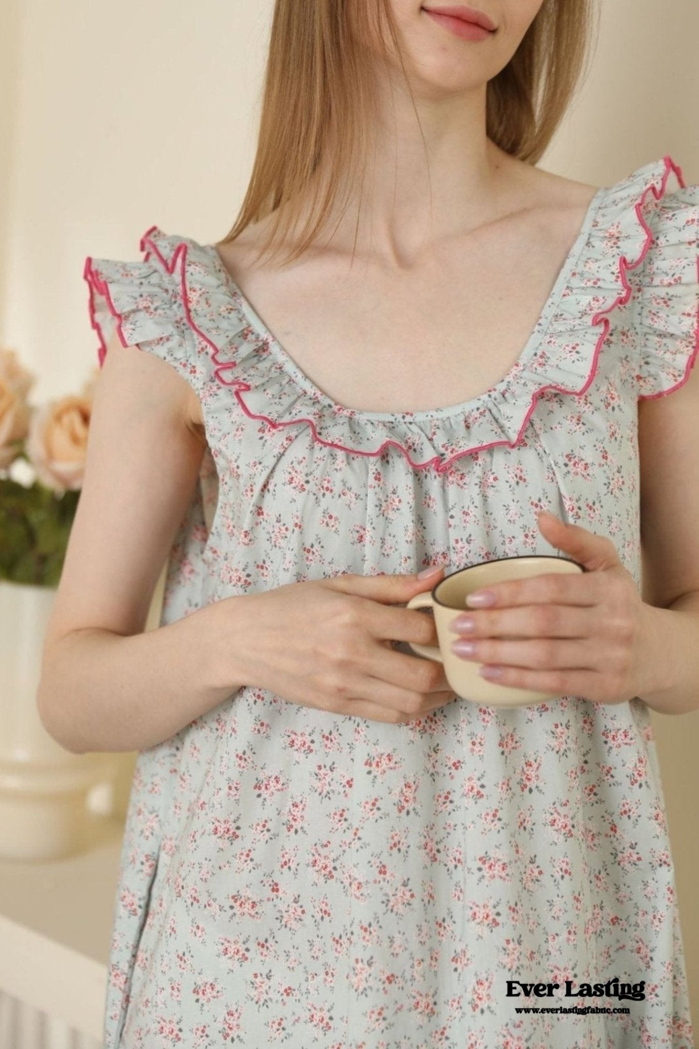 Floral Ruffle Lounge Pajamas Nightgown Dress / Beige