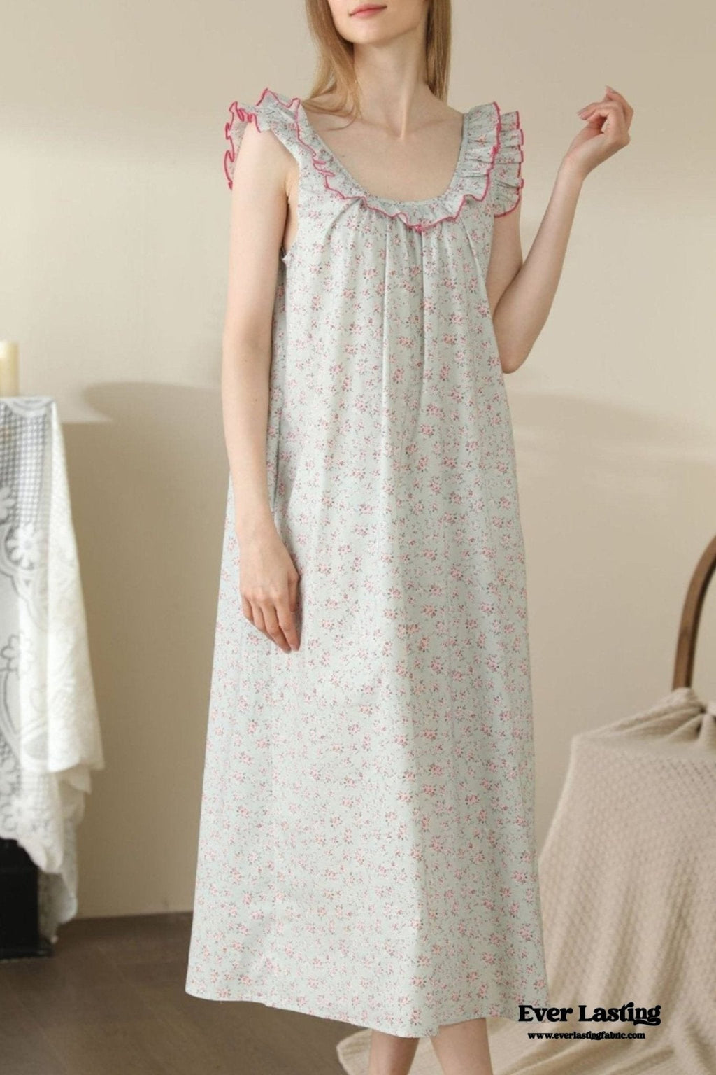 Floral Ruffle Lounge Pajamas Nightgown Dress / Beige