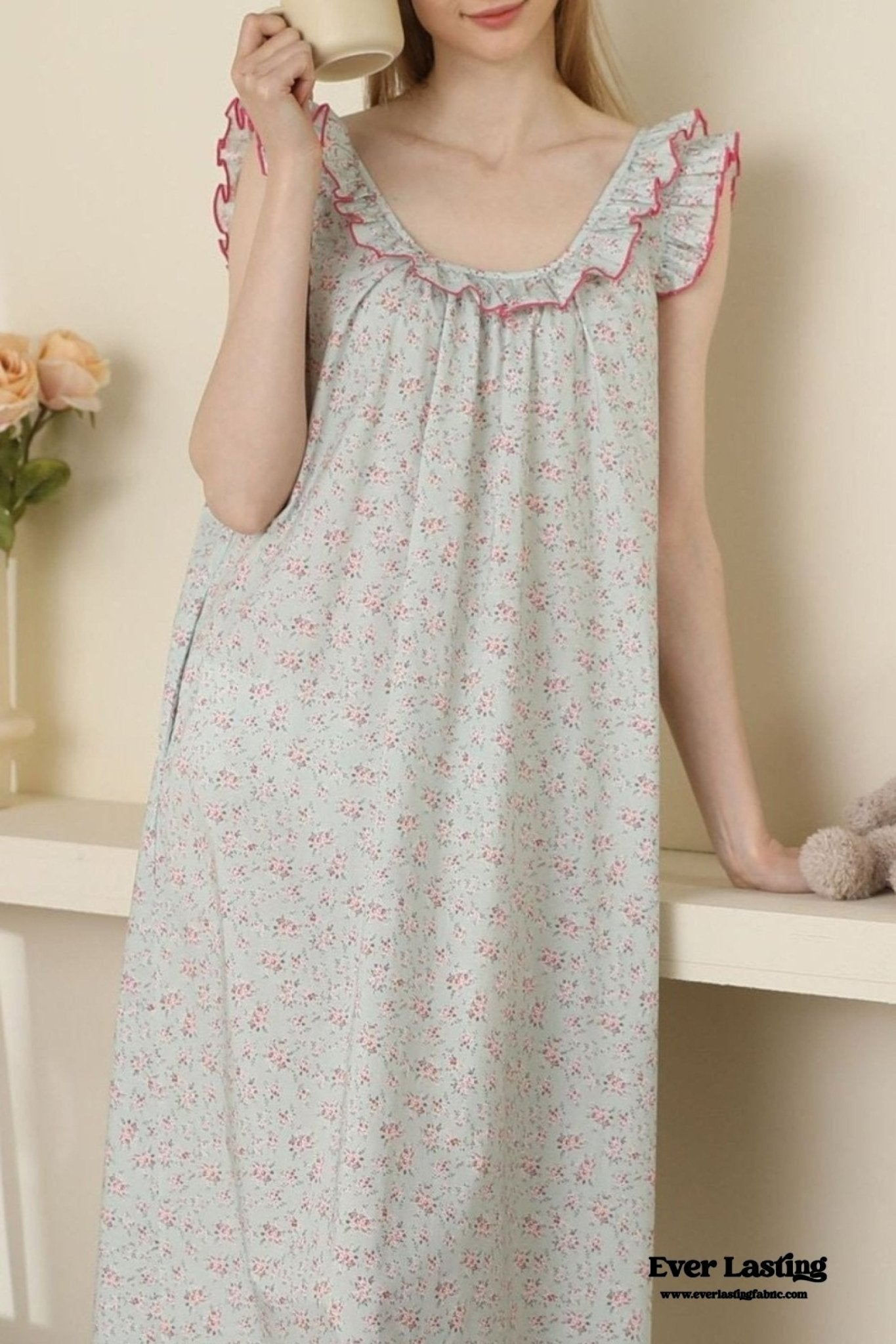 Floral Ruffle Lounge Pajamas Nightgown Dress / Beige