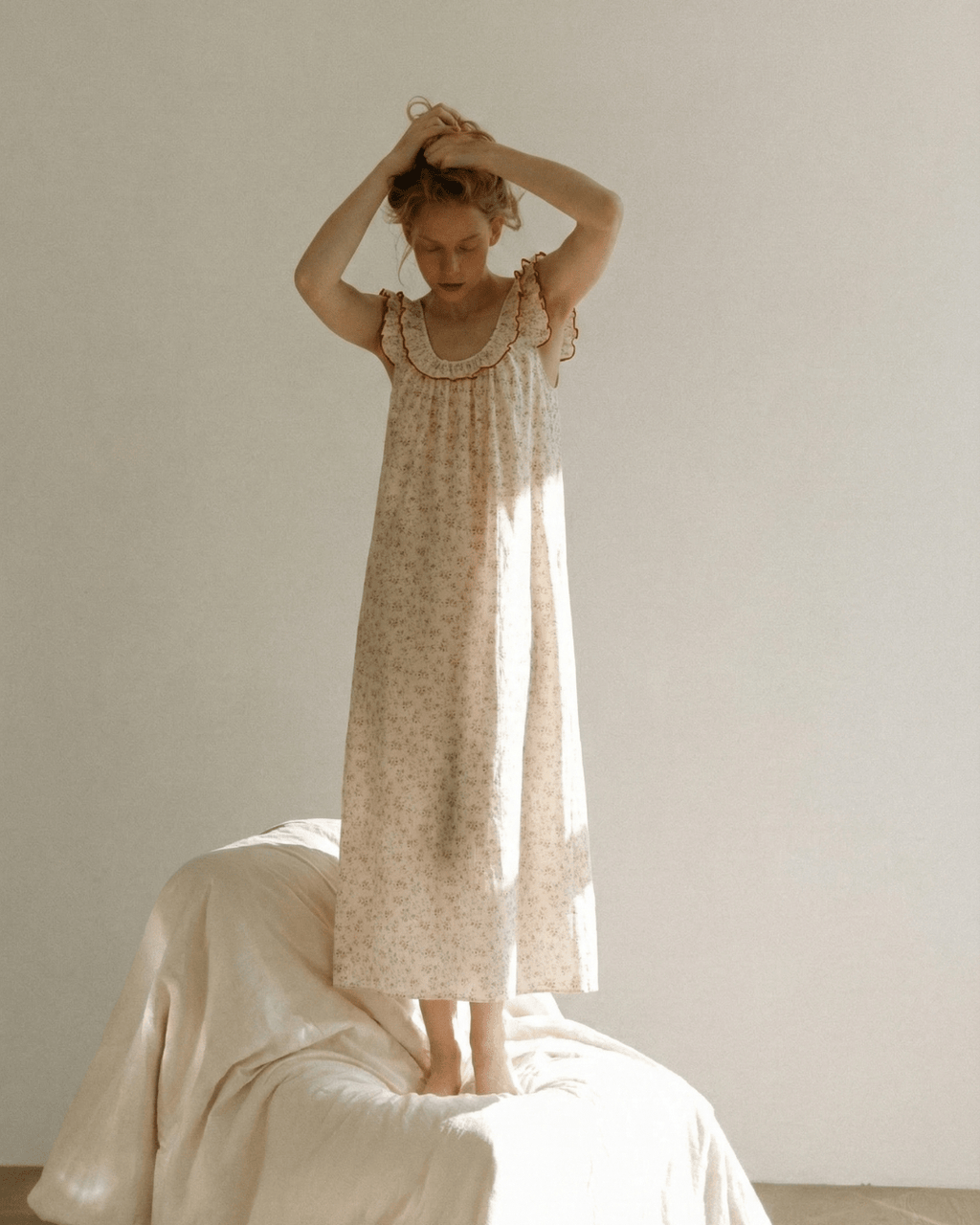 Floral Ruffle Lounge Pajamas Nightgown Dress / Beige