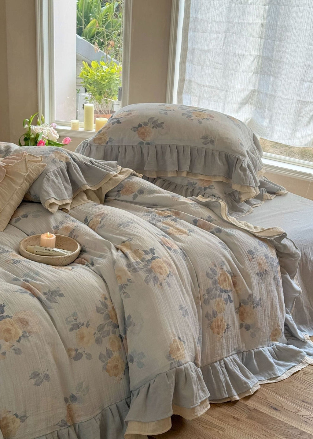 Millie Lace Ruffle Floral Bedding Set / Beige
