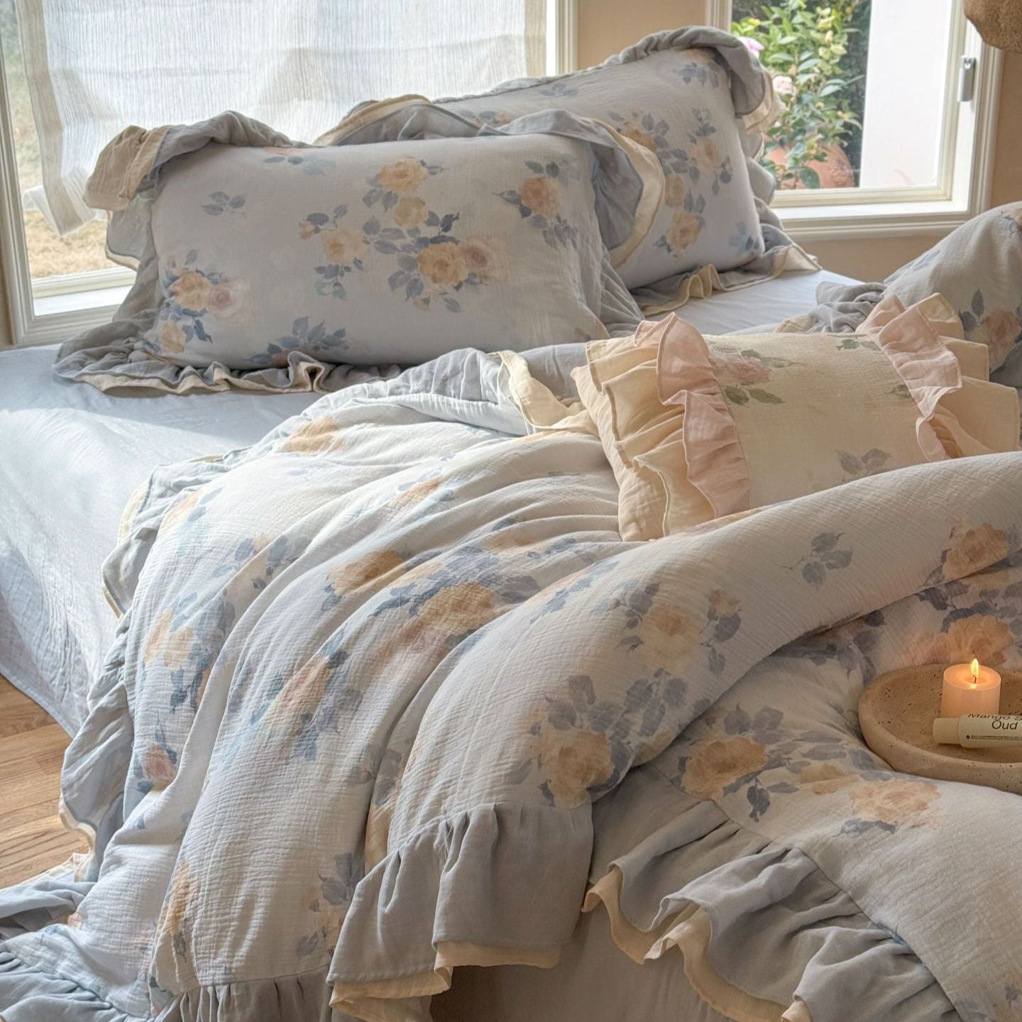 Millie Lace Ruffle Floral Bedding Set / Beige