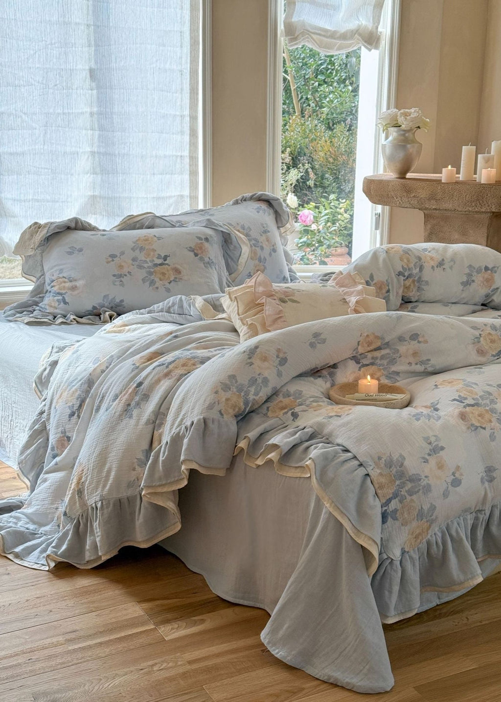Millie Lace Ruffle Floral Bedding Set / Beige