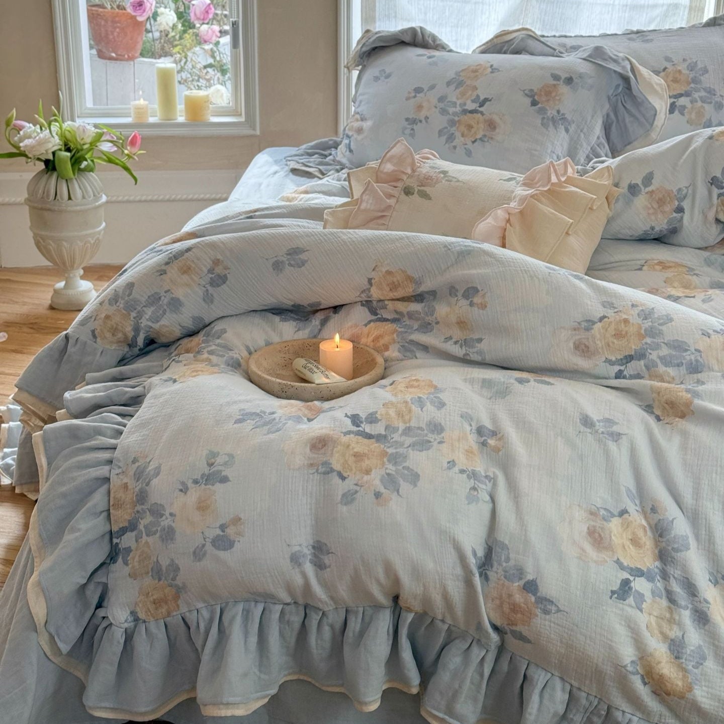 Millie Lace Ruffle Floral Bedding Set / Beige