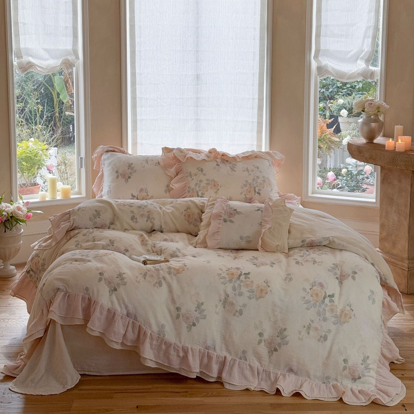 Millie Lace Ruffle Floral Bedding Set / Beige