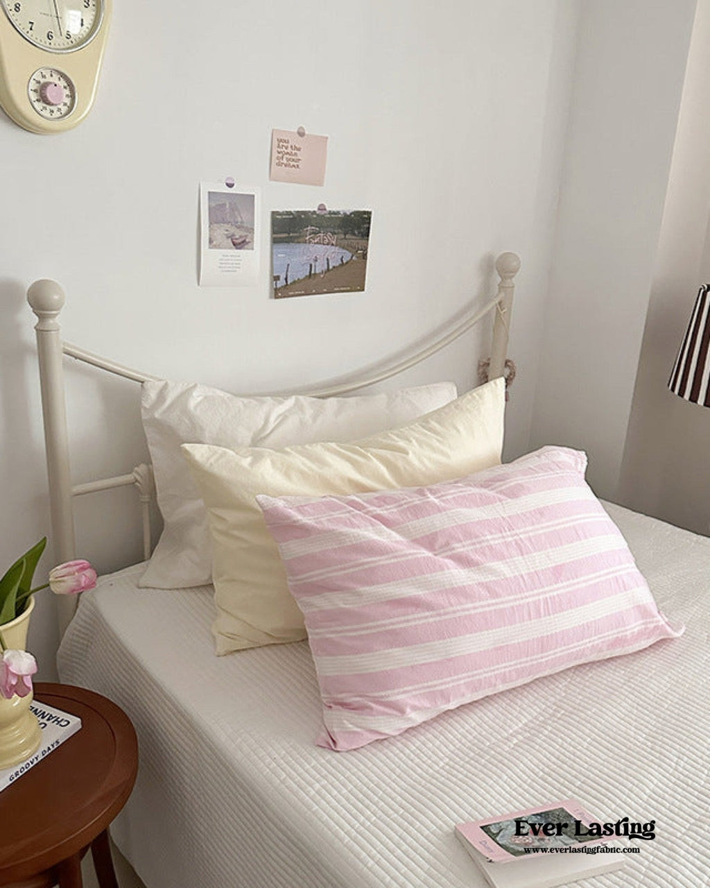 Muted Blush Cotton Pillowcase / Pink Striped