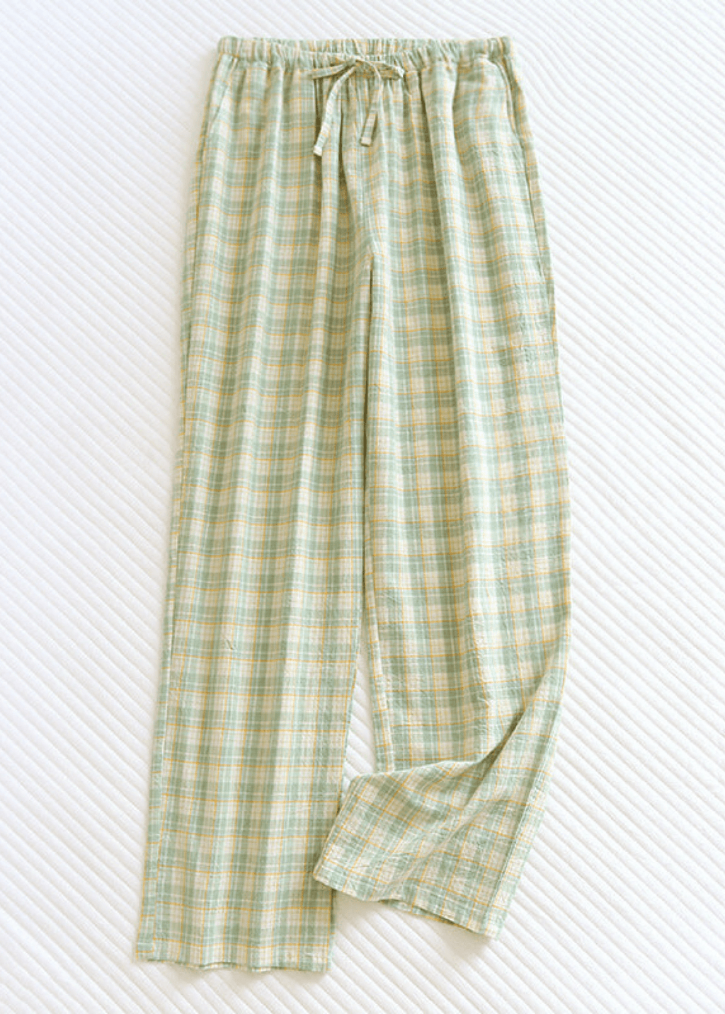 Plaid Washed Cotton Pajama Pants / Light Green