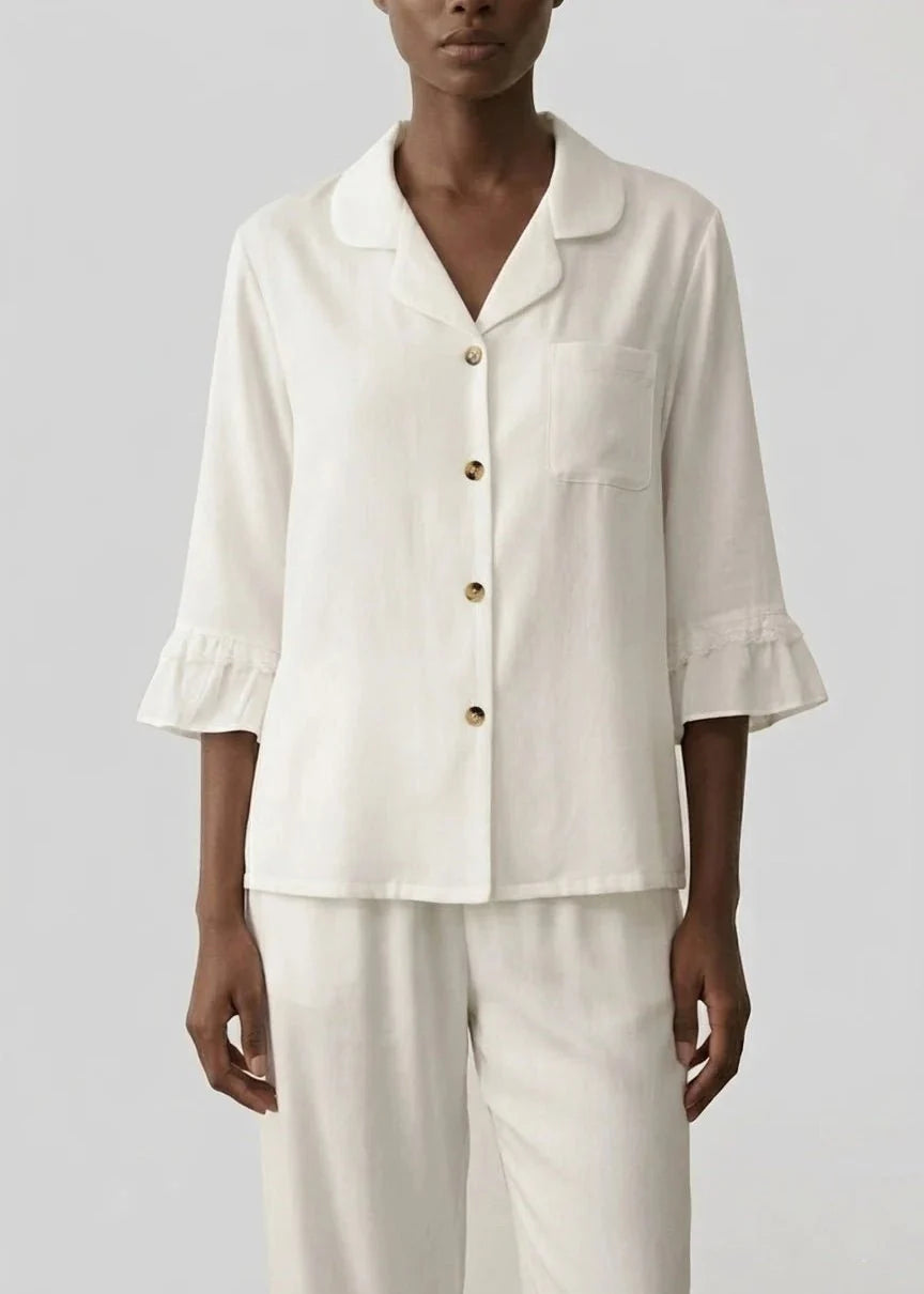 Silky Lace Ruffle Long Sleeves and Pants Pajama Set / White