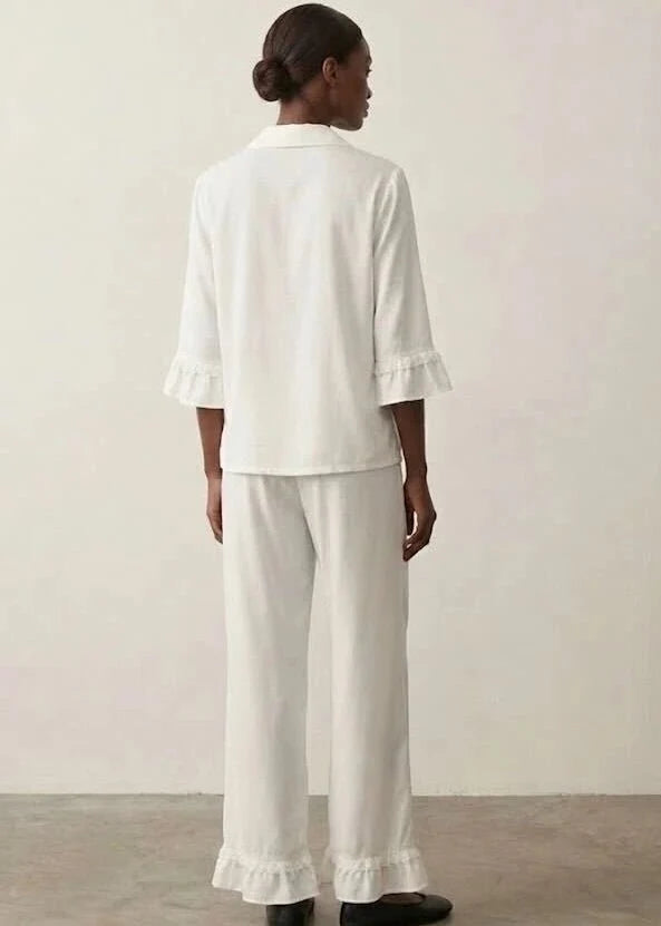 Silky Lace Ruffle Long Sleeves and Pants Pajama Set / White