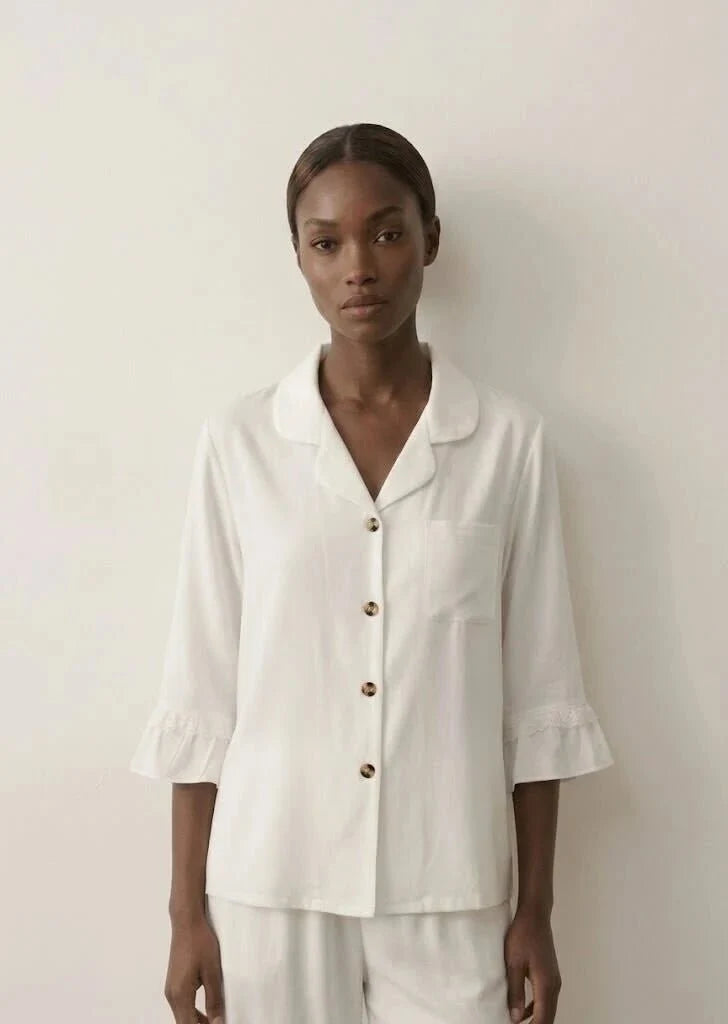 Silky Lace Ruffle Long Sleeves and Pants Pajama Set / White