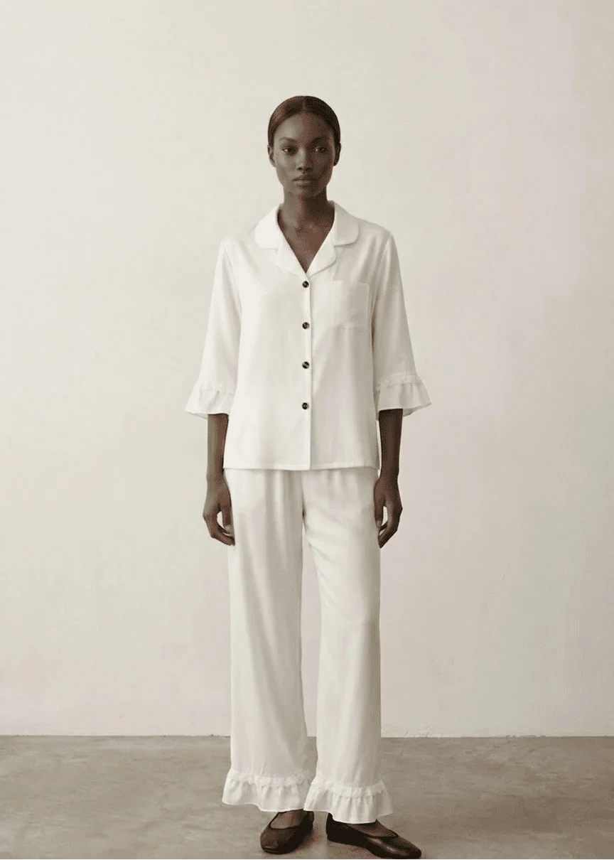 Silky Lace Ruffle Long Sleeves and Pants Pajama Set / White