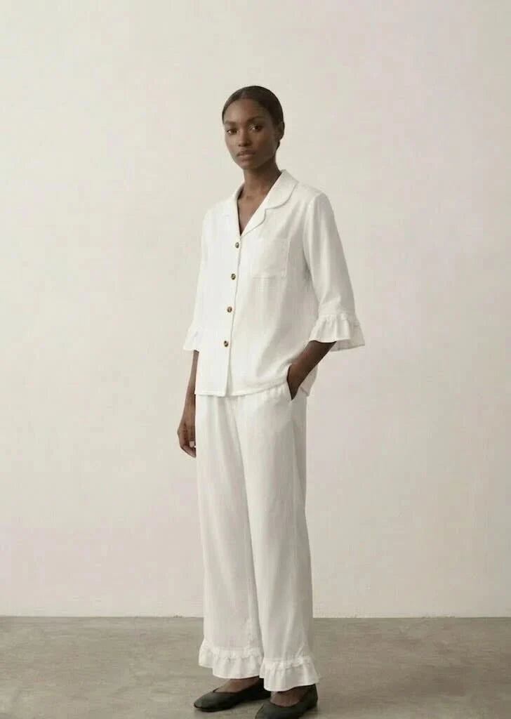 Silky Lace Ruffle Long Sleeves and Pants Pajama Set / White