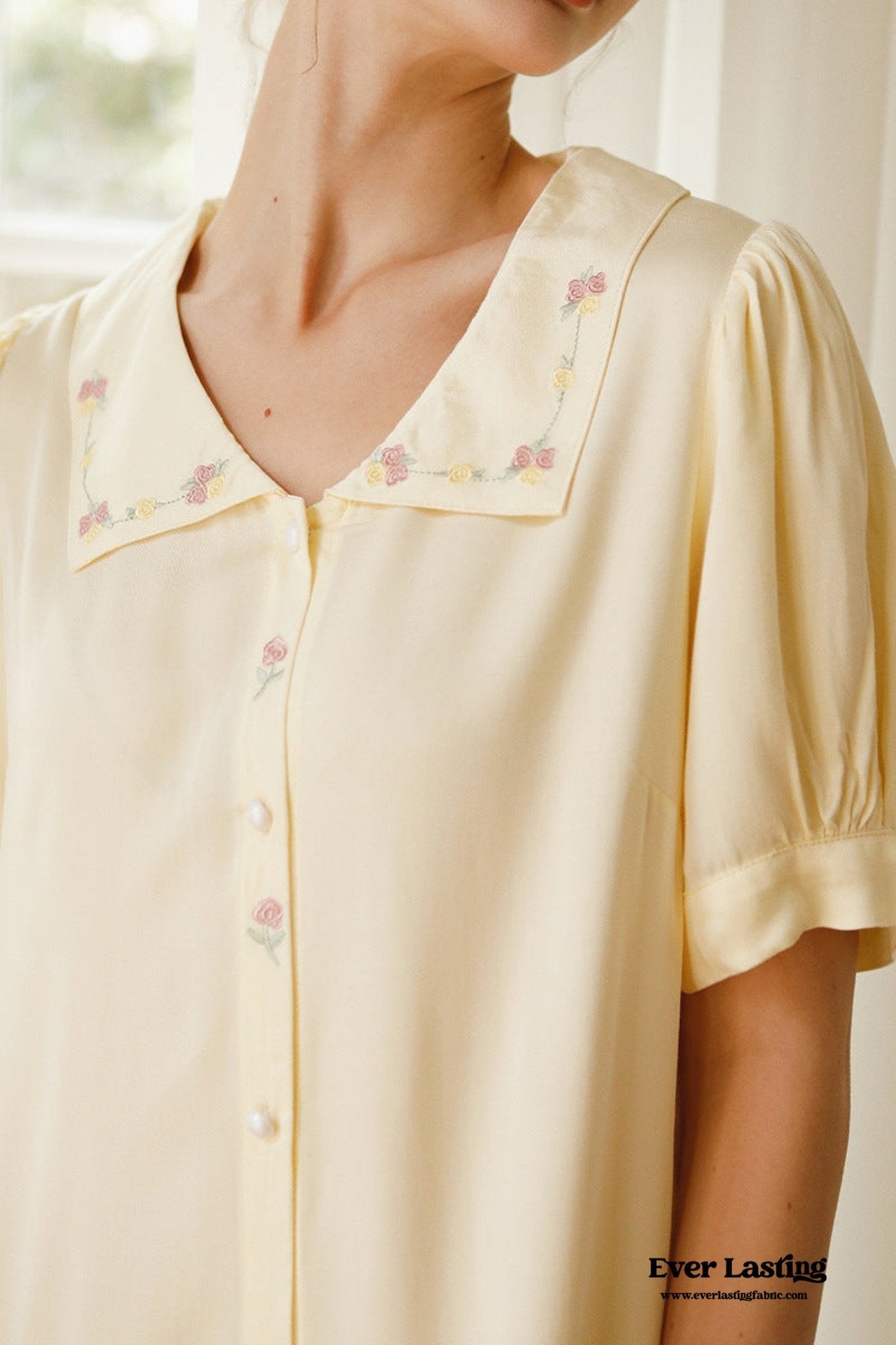 Silky Rose Cream Yellow Embroidered Short Pajama Set