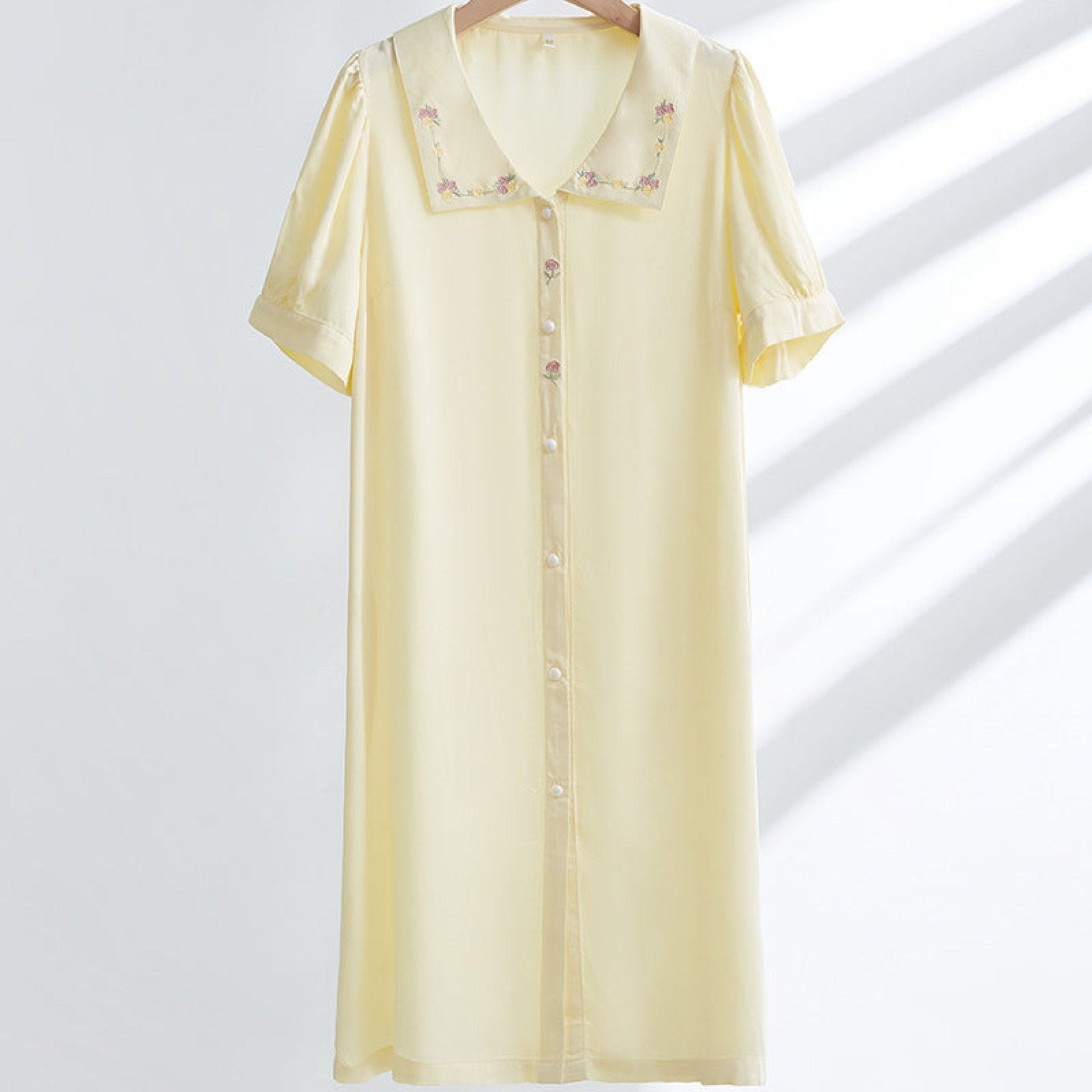 Silky Rose Cream Yellow Embroidered Short Pajama Set