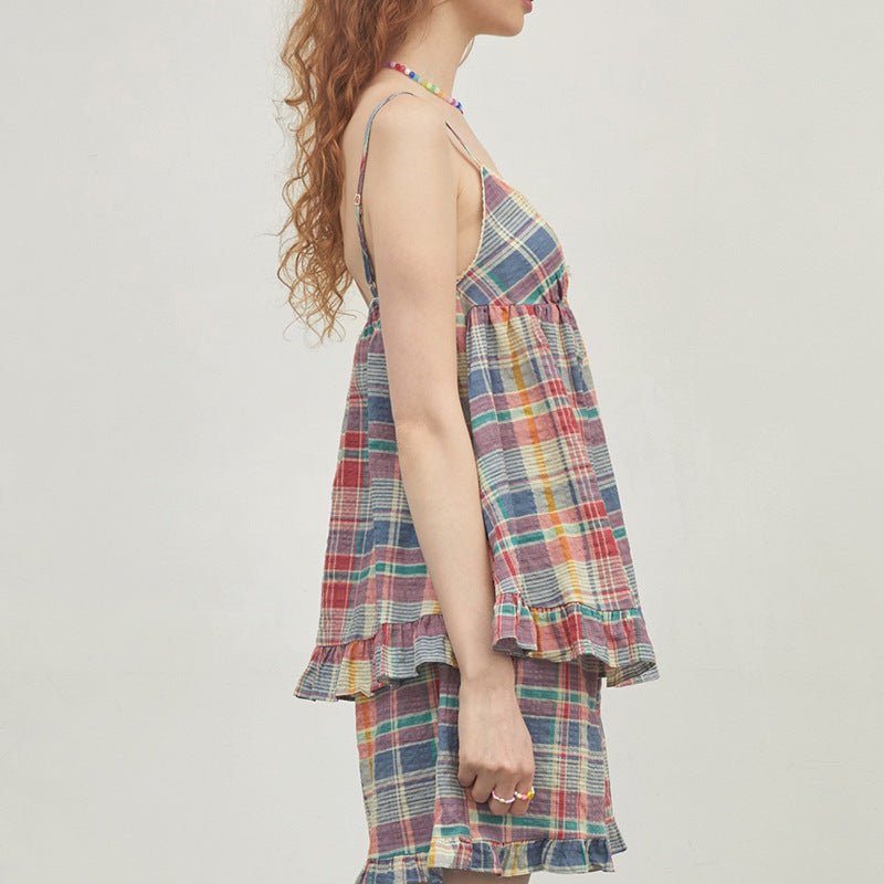 Vintage Inspired Plaid Tank Shorts Pajama Set