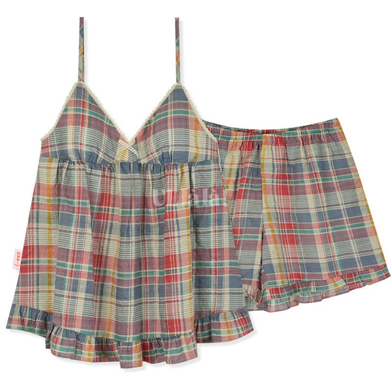 Vintage Inspired Plaid Tank Shorts Pajama Set